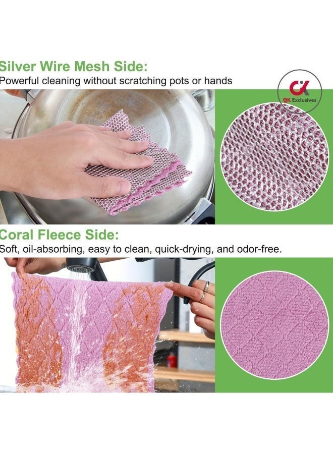 حصريات كيو كيه - قطعة قماش تنظيف متعددة الاستخدامات من الألياف الدقيقة، بوجهين، مع سلك فضي على الوجه الآخر، في علبة واحدة [عبوة واحدة تحتوي على 20 قطعة] - قابلة لإعادة الاستخدام والغسل - تنظيف سريع للأواني، والمواقد، والأحواض، والقدور، والمقالي، وشحوم الأسطح، والأوساخ، وبقايا الترسبات الكلسية، وقطعة قماش للتنظيف المنزلي والمطبخي. (ألوان متنوعة) - Image 2